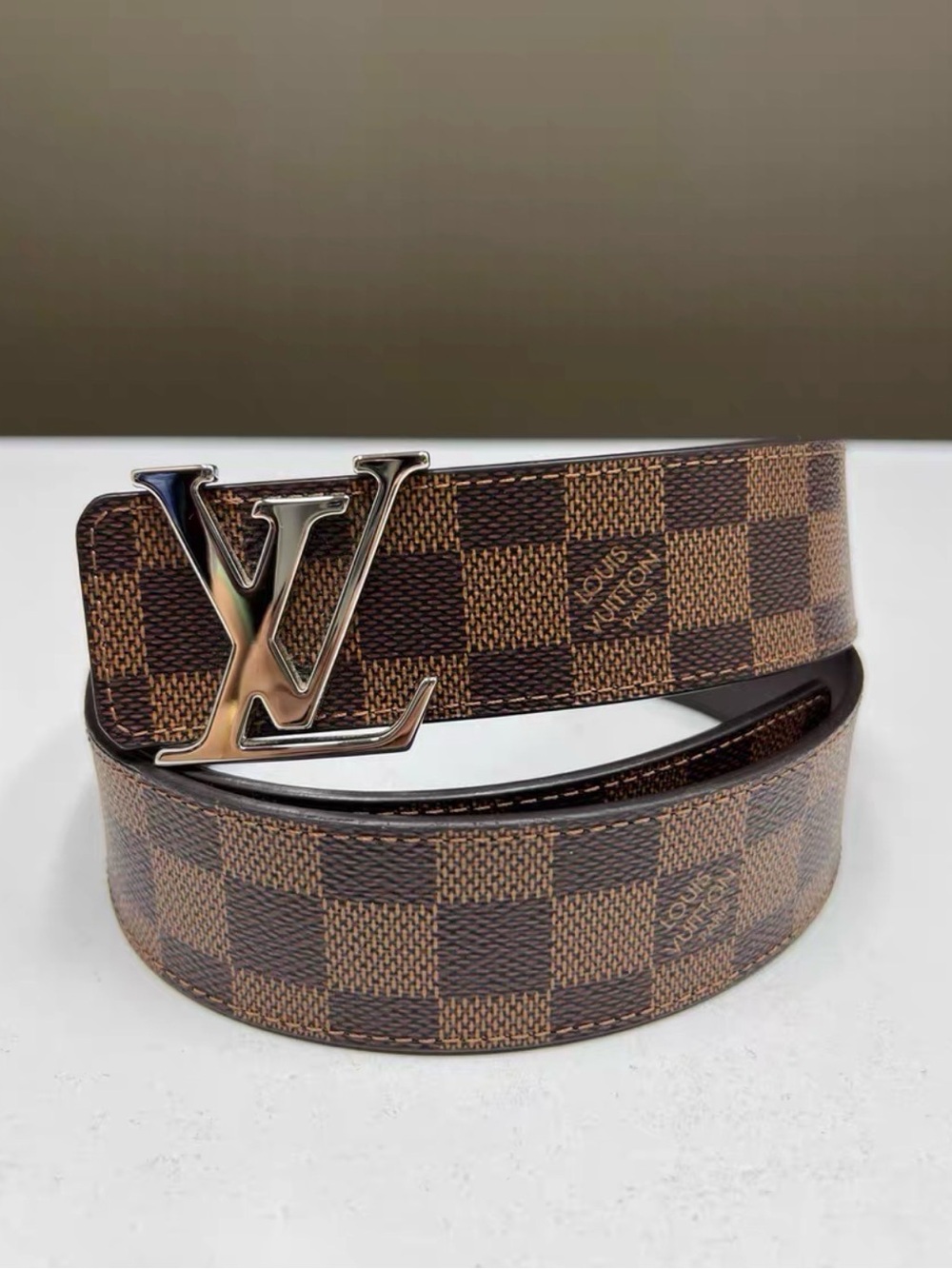 Louis Vuitton Brown Damier Canvas LV Buckle Belt with Silver Hardware